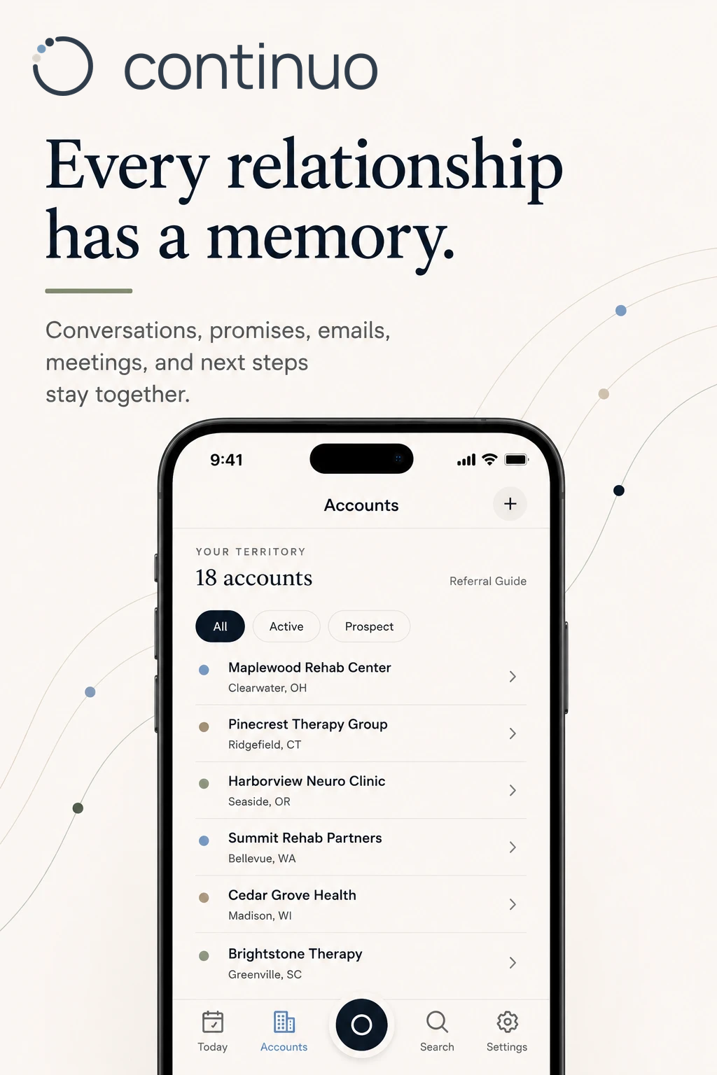 Accounts list showing territory accounts with status and location